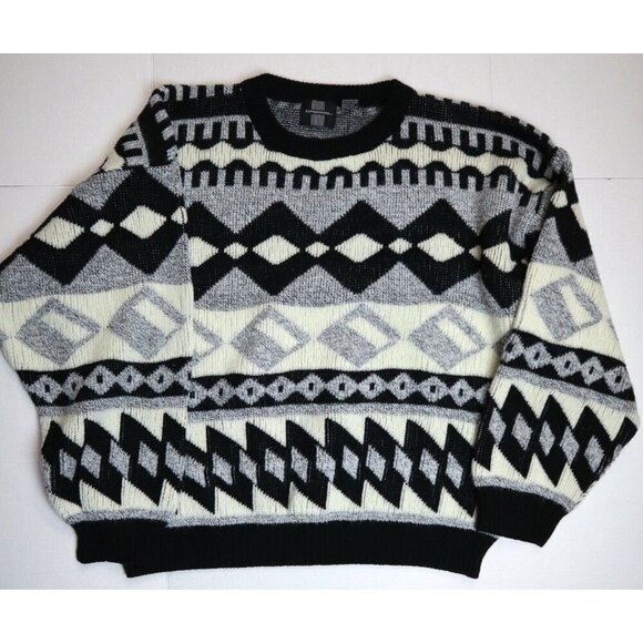 VINTAGE 80s BLACK AND WHITE CREW NECK PULLOVER SWEATER - EXPRESSIONS - SIZE XL - Picture 1 of 4